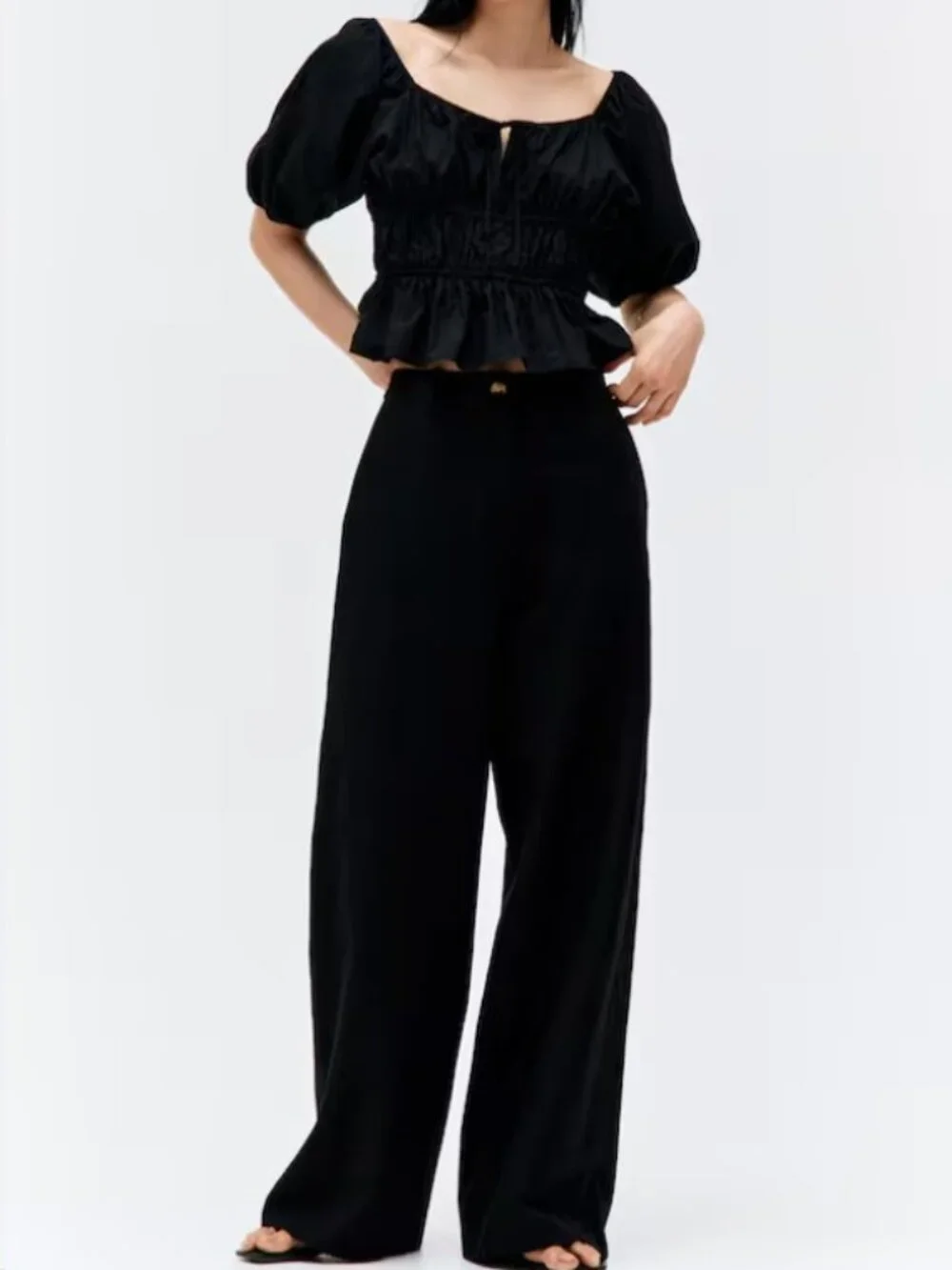 H & M SIZE 8 black high waisted wide leg linen blend pants Flowy Trousers Summer